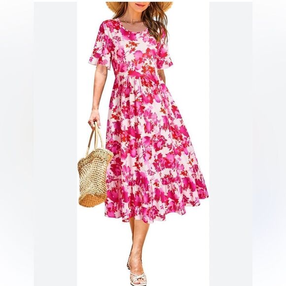 NWT Floral Midi Summer Tiered Dress with Ruffle Sleeves and Pockets - Picture 2 of 15
